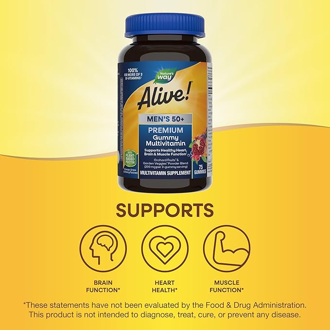 Nature’s Way Alive! Men’s 50+ Premium Gummy Multivitamin, Supports Healthy Heart, Brain & Muscle Function*, B-Vitamins, Vegetarian, Grape, Orange and Cherry Flavored, 75 Gummies (Packaging May Vary)