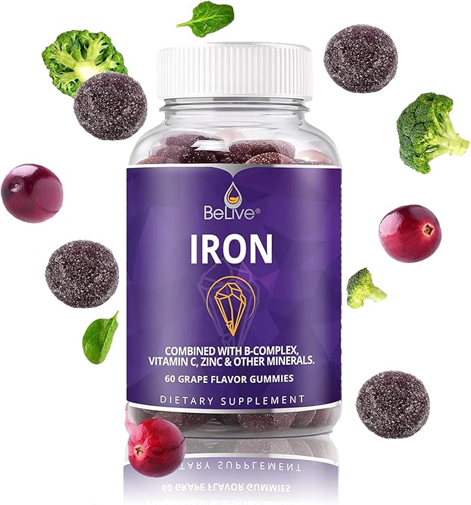 BeLive Iron Gummies - Multivitamin with Iron, Vitamins & Zinc for Blood Oxygen - Grape Flavor, Vegan Supplement for Women, Men & Kids