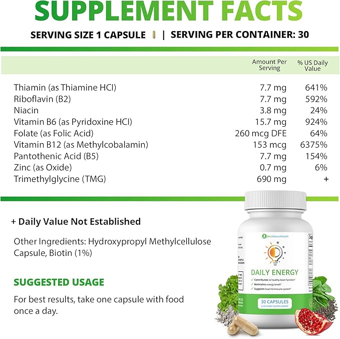 Vitamin B Complex Energy Supplements - Daily TMG Supplements with B Complex Multivitamin for Energy - Memory Booster and Mood Support Herbal Vitamins - B Complex Vitamins for Women (1 Month Supply)