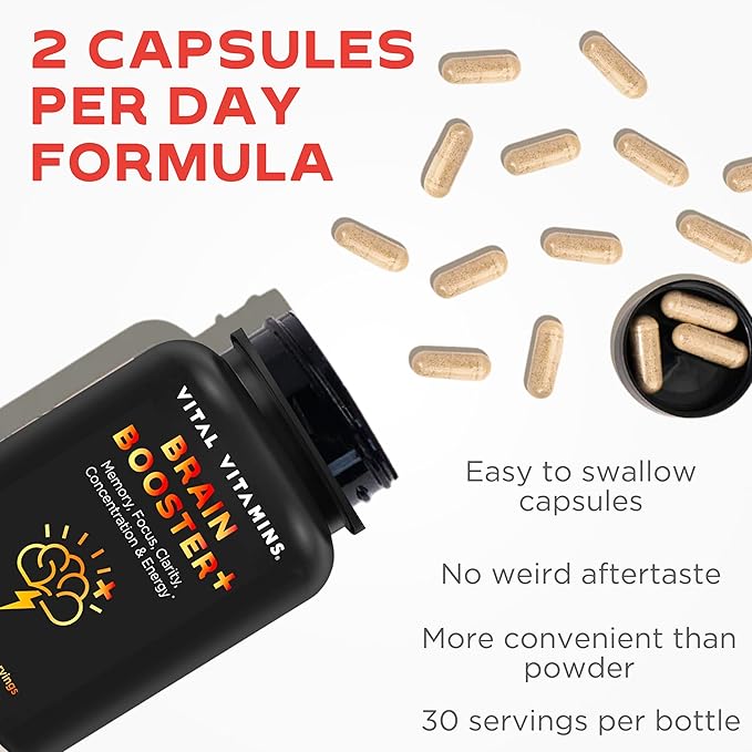 Vital Vitamins Brain Supplements for Memory & Focus - Brain Booster Plus Lion's Mane - Nootropic Brain Health - Memory, Clarity, Energy, Brain Fog - 60 Ct