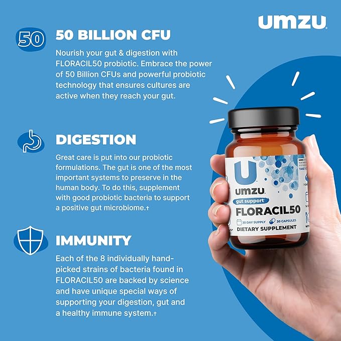 UMZU Floracil50 Prebiotics and Probiotics Supplement for Gut Health | 50 Billion CFU with 8 Strains of Bacteria to Support Digestion, Immunity & Energy (30 Day Supply | 30 Capsules)