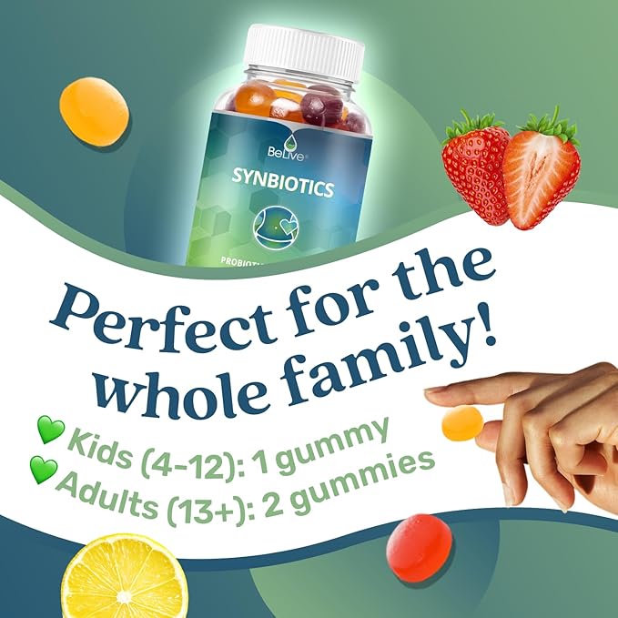 BeLive Synbiotics - Probiotic & Prebiotic Fiber Gummies – High Strength Inulin (3g), Dietary Fiber Supplement, Digestive Support for Kids & Adults - Strawberry, Lemon, Blueberry Flavor (60Ct)
