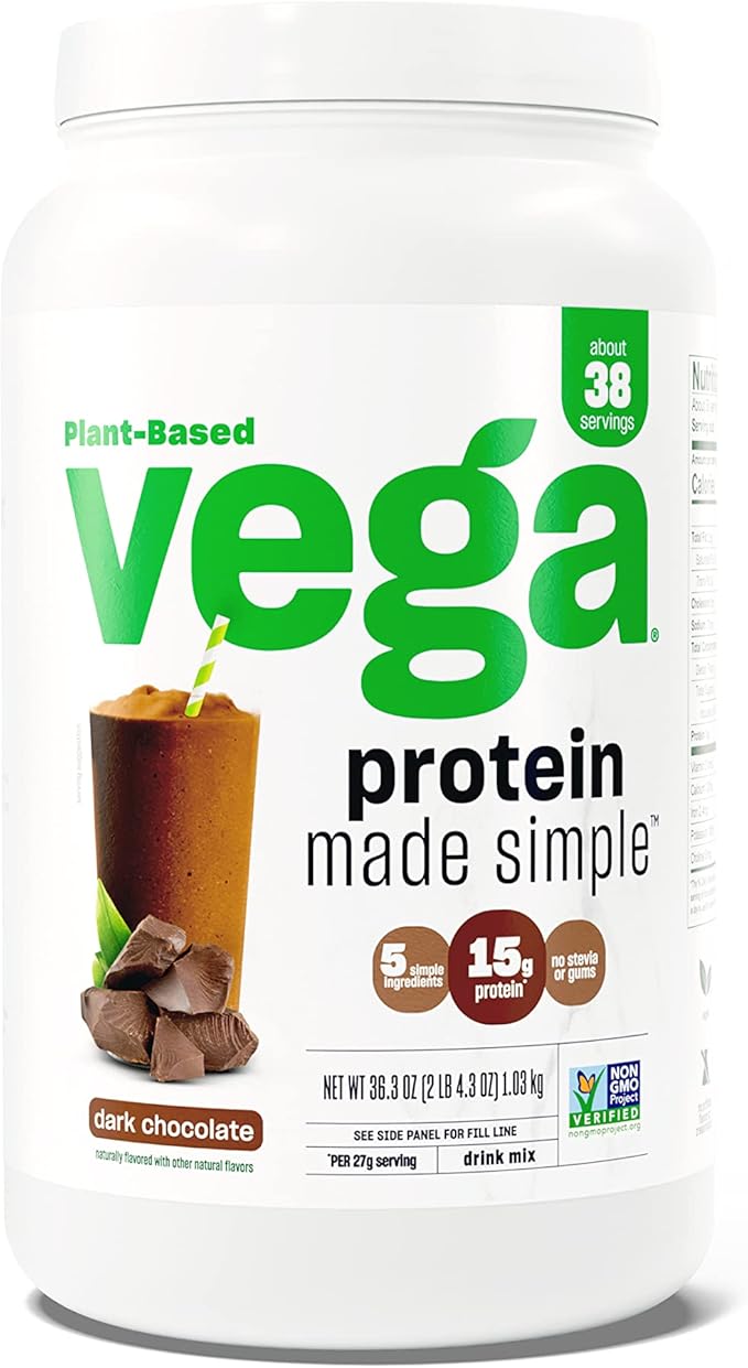 Vega Protein Made Simple, Dark Chocolate - Stevia Free Vegan Protein Powder, Plant Based, Healthy, Gluten Free, Pea Protein for Women and Men, 36.3oz (2 lbs 4.3 oz) 1.03kg (Packaging May Vary)