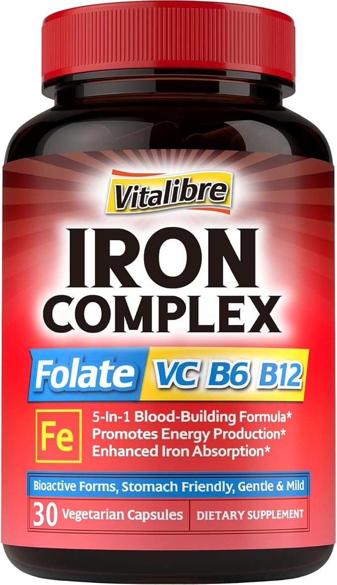 Iron Supplement for Women & Men, with Vitamins C, B6, B12 & Folate for Iron Deficiency, Blood Building & Energy Support, Stomach Friendly, Better Absorption, Non-GMO, No Gluten, 30 Vegan Caps