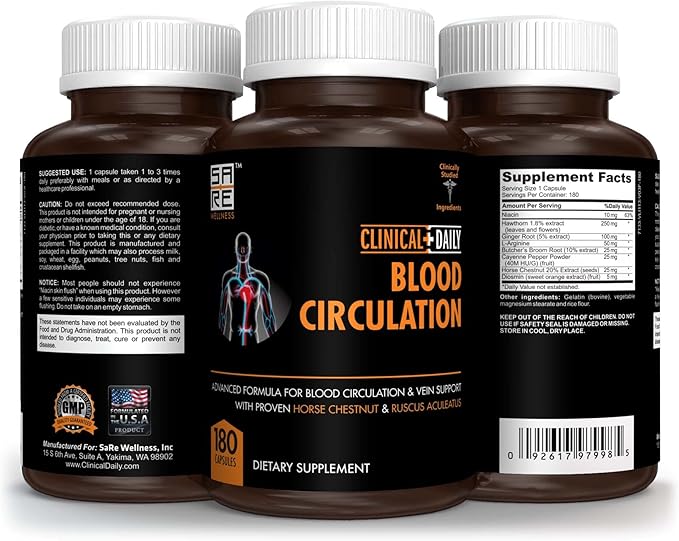Clinical Daily Blood Circulation Supplements. Butchers Broom, Horse Chestnut, Hawthorn, Cayenne, Arginine, Diosmin Varicose Veins Treatment for Legs. Poor Circulation and Vein Support. 180 Capsules.