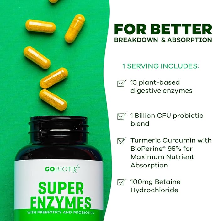 GoBiotix Digestive Enzymes Supplement with Prebiotics and Probiotics for Women and Men - Gut Health, Gluten Digestion, Lactose Absorption, Plant Based Dietary Pills - 60 Capsules