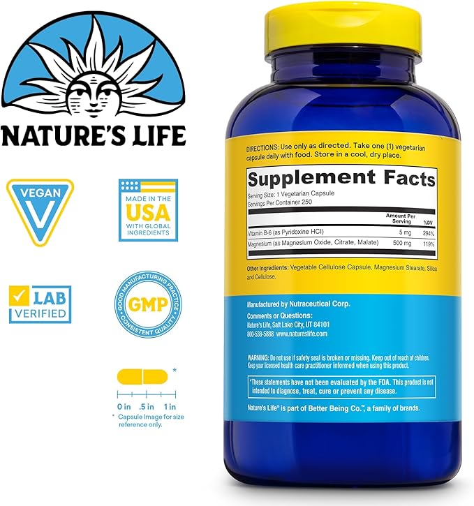Nature’s Life Renewing Magnesium 500 mg - Magnesium Citrate, Magnesium Malate, Magnesium Oxide Plus Vitamin B-6 - Muscles and Nerves Support - Lab Verified (250 Servings, 250 VegCaps)