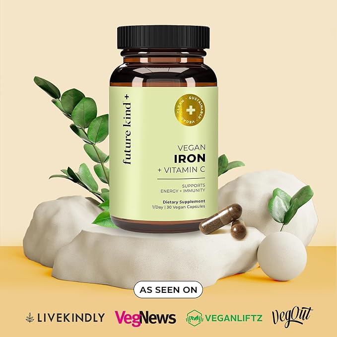 Future Kind Vegan Iron Supplement with Vitamin C (30 Iron Capsules) in Glass Bottle - Iron Supplements for Men and Women - Vegan Supplement Iron with Vitamin C for Energy, Focus & Immunity Support