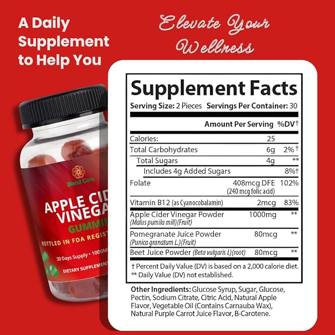 Apple Cider Vinegar Gummies with Vitamin B12 – Vegan, Gluten-Free, Non-GMO – Apple & Purple Carrot Flavored – 1000mg ACV – 60 Gummies, 30-Day Supply