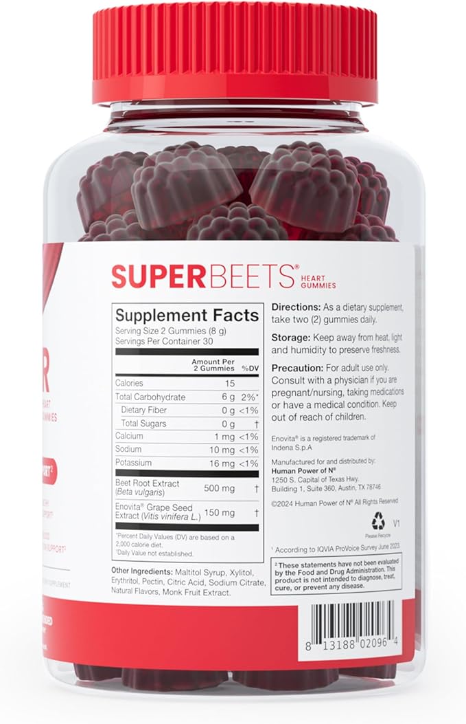 humanN SuperBeets Heart Gummies - Beet Gummy with Heart-Healthy Energy Support, Grape Seed Extract & Beetroot Powder, Sugar Free - Pomegranate Berry Flavor, 60 Count