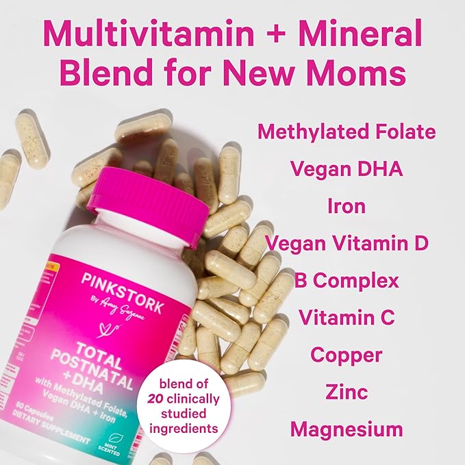 Pink Stork Total Postnatal Vitamins for Women - Mint Essenced Capsules with Vegan DHA, Iron, Folate, and Vitamin B12, Postpartum Recovery Essentials - 1 Month Supply