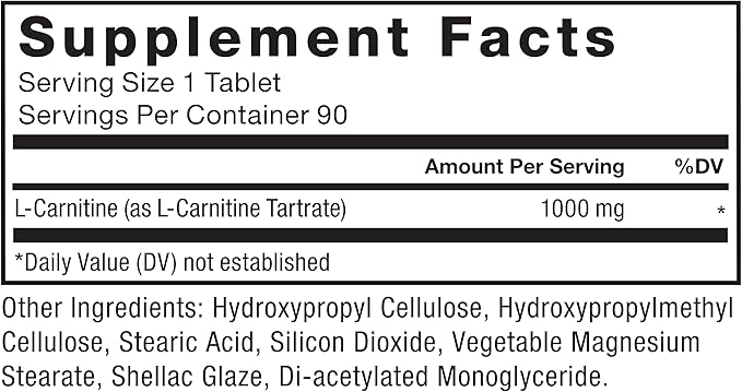 FORCE FACTOR L-Carnitine Supplement, L Carnitine Tartrate 1000mg Capsules to Convert Fat Into Energy, Support Muscle Recovery, and Boost Exercise Performance, Vegan, Non-GMO, 90 Tablets
