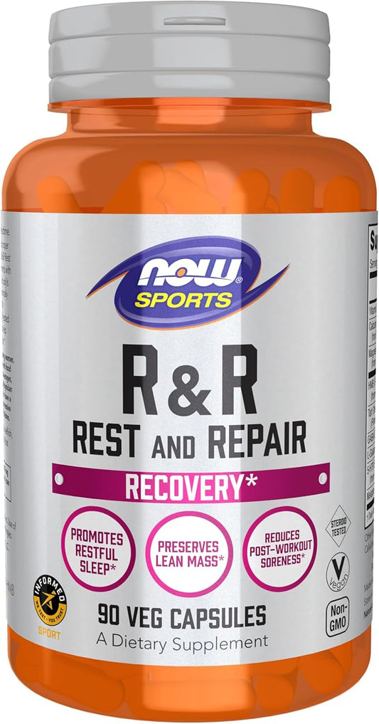 NOW Foods Sports Nutrition, R&R Rest and Repair, Recovery*, Promotes Restful Sleep*, Preserves Lean Mass, Reduces Post-Workout Soreness*, Vegan, NGMO, 90 Veg Capsules