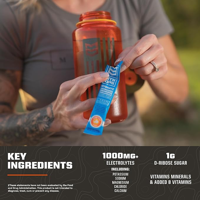 MTN OPS Hydrate Electrolytes Powder Drink Mix, 20 Single Serving On-The-Go Electrolyte Packs with Over 1000mg of Electrolytes per Serving, Lemon Lime