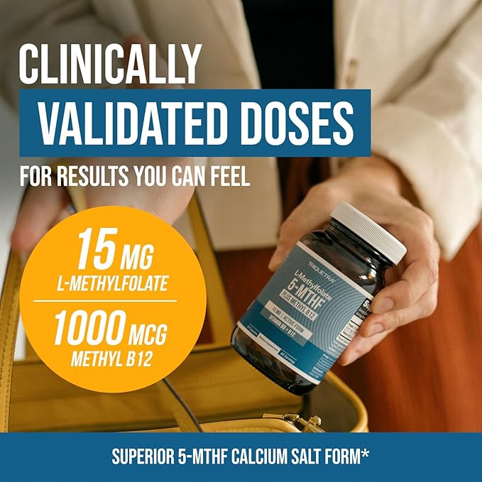 L Methyl Folate 15mg plus Methyl B12 Cofactor - Professional Strength, Active 5-MTHF Form - Supports Mood, Methylation, Cognition – Bioactive forms of Vitamin B9 & B12 (60 Capsules)