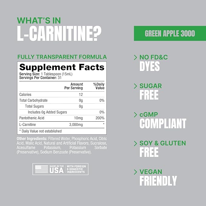 PROSUPPS L-Carnitine Stimulant Free Liquid Shots for Men & Women - Workout Drink for Performance & Muscle Recovery - Clean Energy, No Sugar, No Carbs (31 Servings, 3000 Green Apple)