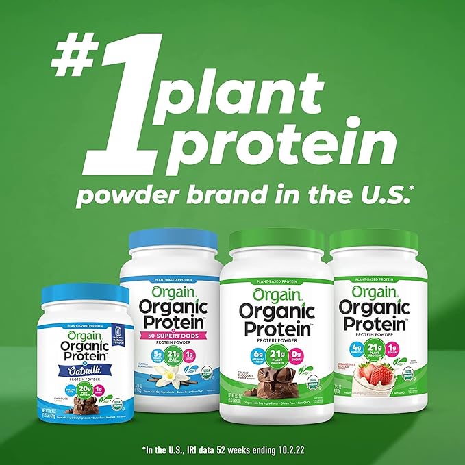 Orgain Organic Vegan Protein Powder + Greens, Vanilla Bean - 21g Plant Based Protein, 6g Prebiotic Fiber for Gut Health, Gluten Free, No Lactose Ingredients, No Sugar Added, Non-GMO - 1.94lb