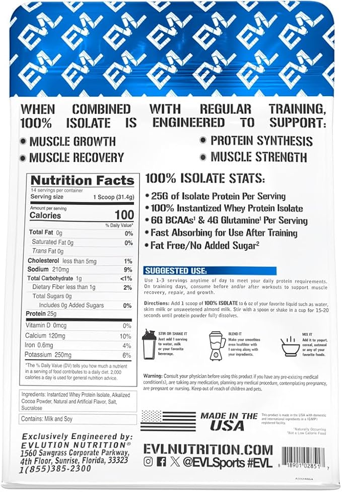 Evlution Nutrition 100% Isolate, Whey Isolate Protein Powder, 25 G of Fast Absorbing Protein, No Sugar Added, Low-Carb, Gluten-Free (Double Rich Chocolate, 1 LB)