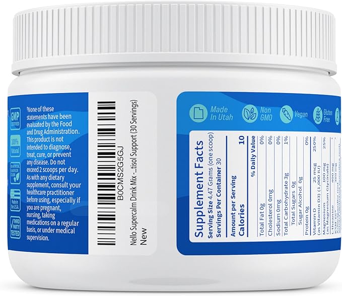 Nello Supercalm Drink Mix - Ashwagandha KSM 66, Magnesium Glycinate, L-Theanine, Vitamin D3 - Ashwagandha Root Extract, Magnesium & L-Theanine Supplement - Focus & Support (30 Servings)