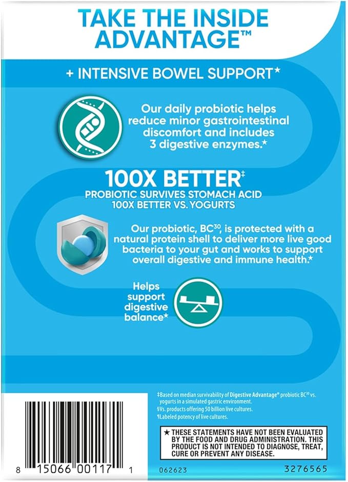 Digestive Advantage IBS Daily Probiotic Capsules for Digestive Health & Gut Health, Probiotics for Men and Women (96 Count Box) - Digestible Enzymes