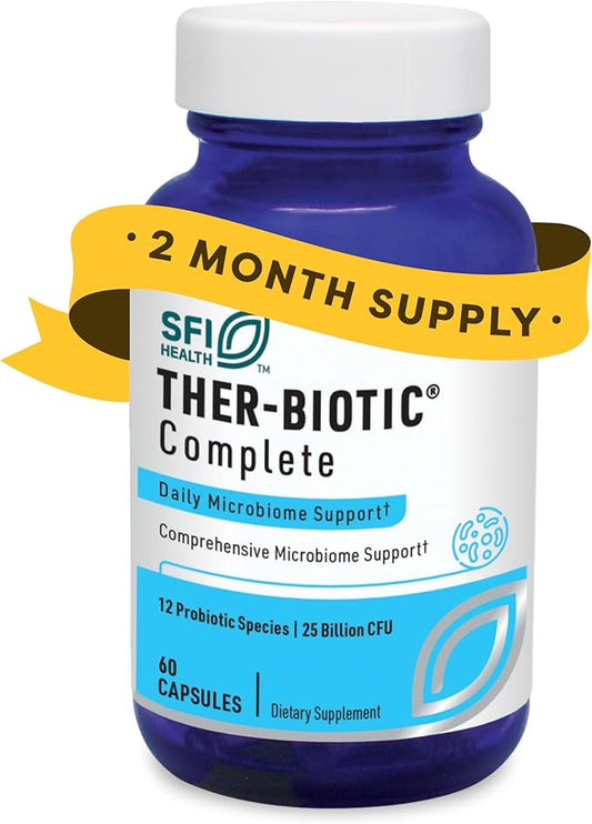 Klaire Labs SFI Health Digestive Probiotics for Men & Women - with Lactobacillus Acidophilus & 11 Other Species - Hypoallergenic Ther-Biotic Complete - 25 Billion CFU Probiotic Capsules (60 Capsules)