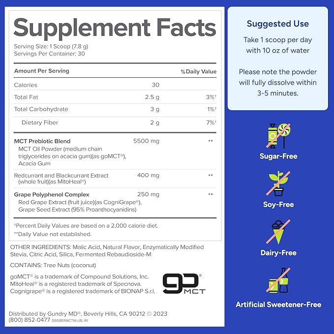 Gundry MD MCT Wellness Powder to Support Energy, Ketone Production and Brain Health, Keto Friendly, Sugar Free (30 Servings) (Blueberry Lemonade)