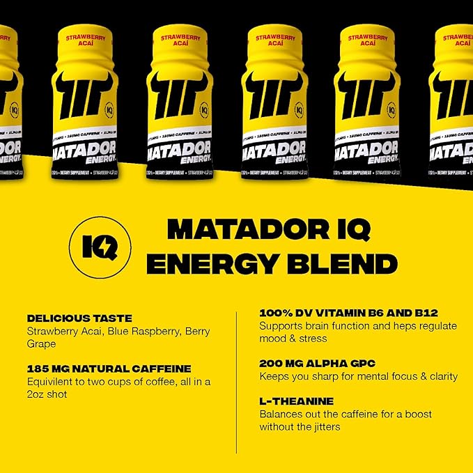 MATADOR Energy Shots - Strawberry Acai 24 Bulk Pack - Sugar Free Nootropic Natural Caffeine Energy Shot Bottles, B Vitamin Complex (Vitamin B3 & B12), 200 MG of Alpha GPC Enhancing Cognitive Function