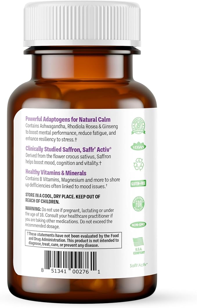 Mood Support - Boost Mental Performance - Clarity - Mood Stability - Stress - Anxiousness - Mental Fatigue - Adaptogens - Saffron - Magnesium - Ashwagandha - Rhodiola - 60 Count