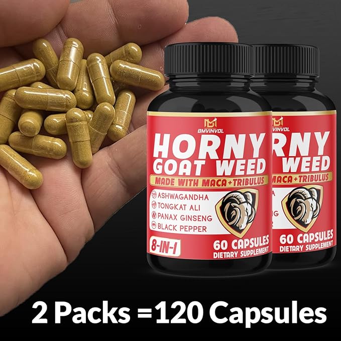 BMVINVOL Horny Goat Weed Capsules with Tribulus, Ginseng, Ashwagandha, Maca, Tongkat Ali - (2 Packs) 120 Capsules