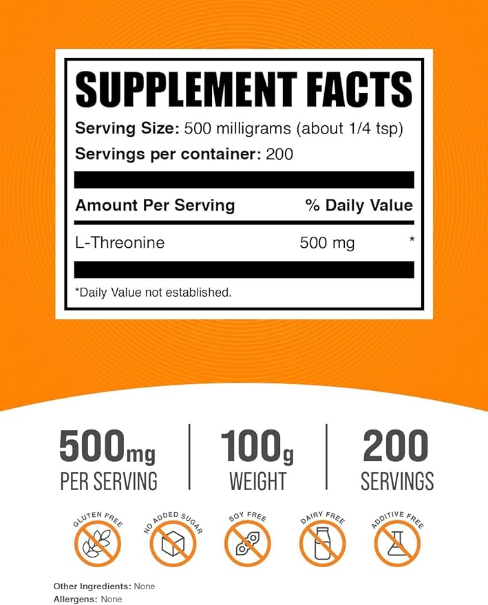 BulkSupplements.com L-Threonine Powder -Threonine Supplement, Amino Acid Supplement - Essential Amino Acid, Gluten Free, 500mg per Serving, 100g (3.5 oz) (Pack of 1)
