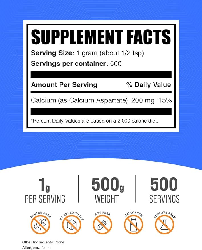 BulkSupplements.com Calcium Aspartate Powder - Calcium Supplement Powder, Calcium Aspartate 200mg - Gluten Free, 1000mg (200mg Calcium) per Serving, 500g (1.1 lbs) (Pack of 1)