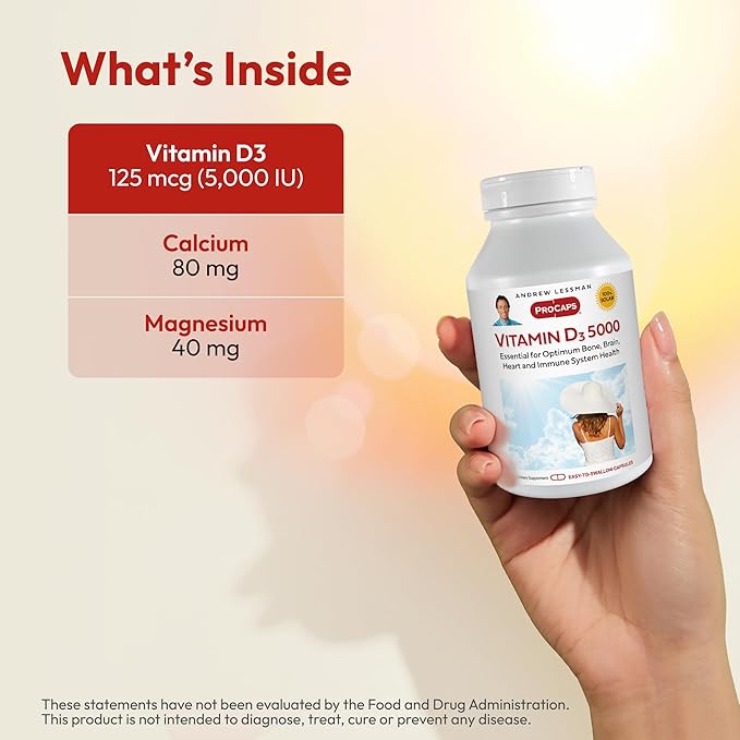 ANDREW LESSMAN Vitamin D3 5000 IU 180 Capsules – High Potency, Essential for Calcium Absorption, Supports Bone Health, Healthy Muscle Function, Immune System and More. Small Easy to Swallow Capsules