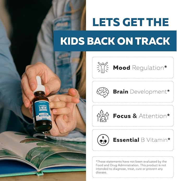 Organic Kids Methylfolate + Methyl B12 Cofactor - Organic Berry Flavor, Sublingual Form - 5-MTHF Form, Superior Form of Folate - Adjustable Dosing for All Ages - Mood, Behavior, Cognition - 1 oz.
