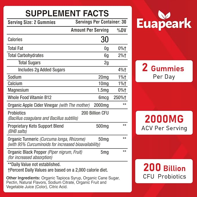 Apple Cider Vinegar Gummies, Keto ACV Gummies with Probiotics, Vitamin B12 & Keto Support, 2000 mg ACV Gummies with Mother for Digestion, Metabolism, Cleanse & Detox Diet, Vegan, Low Sugar, 60 Counts