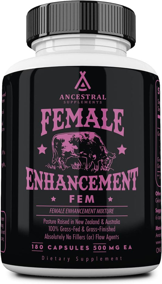 Ancestral Supplements Grass Fed FEM Liver Supplement for Women with Collagen, CoQ10, Vitamin B12, Joint Support Bone Marrow Capsules for Energy, Immunity, Pasture Raised, NonGMO, 500mg Each, 180 Count