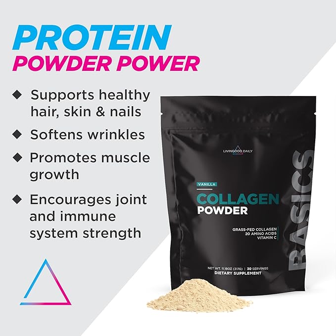 Livingood Daily Collagen Powder for Women & Men (Vanilla) - Grass-Fed Hydrolyzed Collagen Peptide - Complete Protein & Amino Acids for Healthy Hair, Skin & Nails - Keto, Gluten Free - 30 Servings