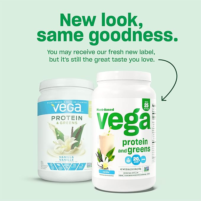 Vega Protein and Greens Protein Powder, Vanilla - 20g Plant Based Protein Plus Veggies, Vegan, Non GMO, Pea Protein for Women and Men, 1.7 lbs (Packaging May Vary)