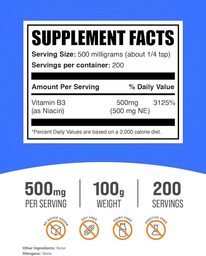 BulkSupplements.com Niacin Powder - Vitamin B3 Supplement, Niacin 500mg - Niacin Flush, Niacin with Flushing - Gluten Free, 500mg of Niacin per Serving, 100g (3.5 oz) (Pack of 1)