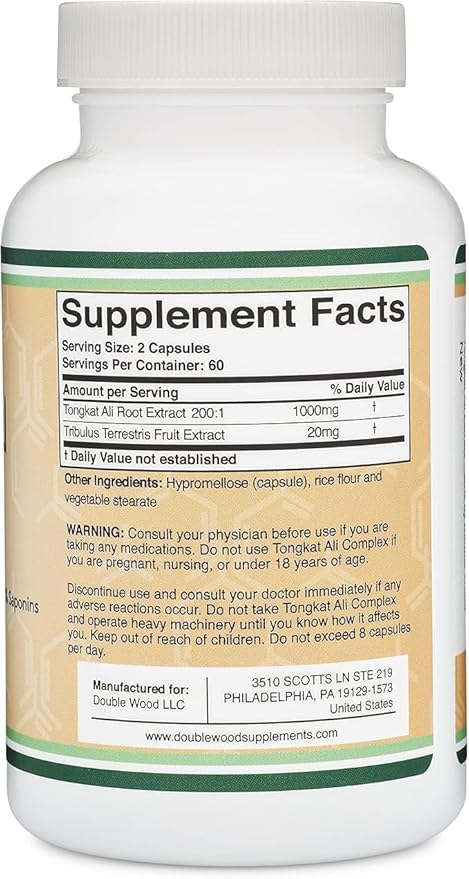 Tongkat Ali Extract 200 to 1 for Men (Longjack) Eurycoma Longifolia, 1020mg per Serving, 120 Capsules - Men's Health Support with 20mg Tribulus Terrestris (Third Party Tested) by Double Wood