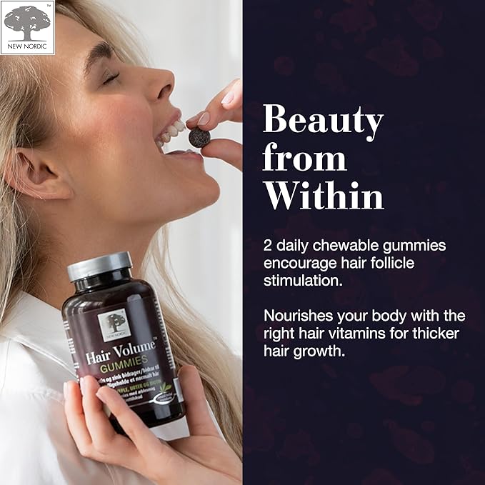 NEW NORDIC Hair Volume Gummies, 2500 mcg Biotin Daily Intake, Hair Vitamins to Support Hair Skin & Nails, Vegan Hair Supplement for Men and Women, 60 Count (Pack of 3)