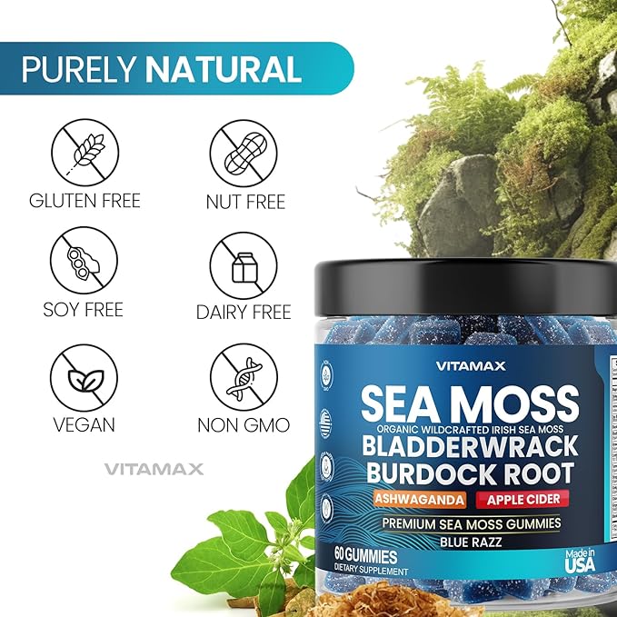 Irish Sea Moss Gummies, Sea Moss 3000mg, Bladderwrack 2000mg, Ashwagandha 800mg, Burdock Root 400mg, ACV, Non-GMO and Vegan – Made in USA – 60ct