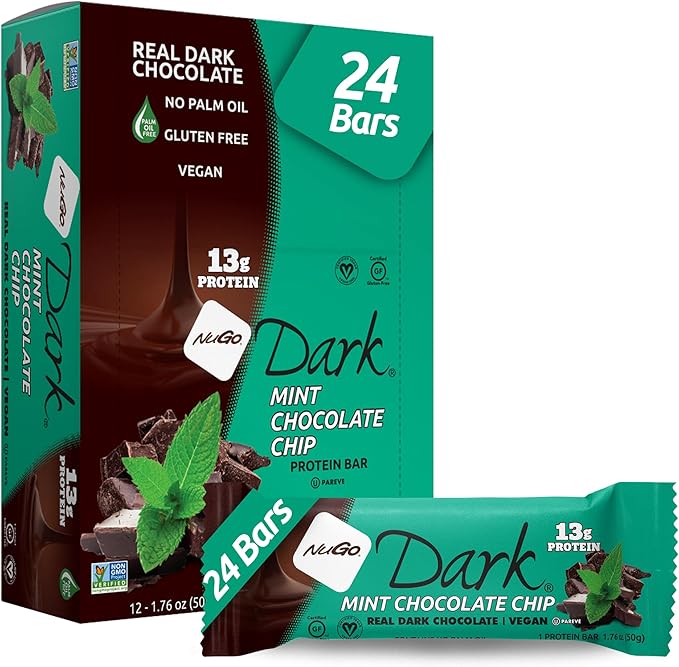 NuGo Dark Mint Chocolate Chip, 13g Protein Bar, Vegan, Gluten Free, Non-GMO, Kosher Pareve, 24 Count