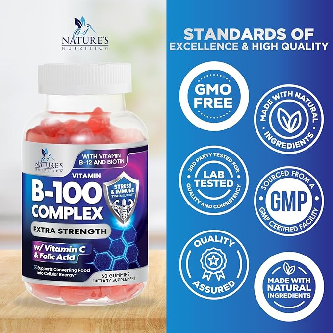 Super B Complex Gummy with Vitamin C & Folic Acid, Extra Strength Vitamin B Gummies Supplement with Niacin, B6, Folic Acid, B12, Biotin, Nature's Energy Immune Support Supplements - 60 Gummies