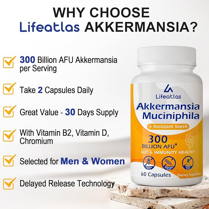 GLP-1 Supplement, 300 Billion AFU Akkermansia Probiotic - Live Akkermansia for GLP-1, Akkermansia Muciniphila for Women & Men, Enhances Gut Digestive Lining Function, Digestive, Gut, Immune, 120 Caps