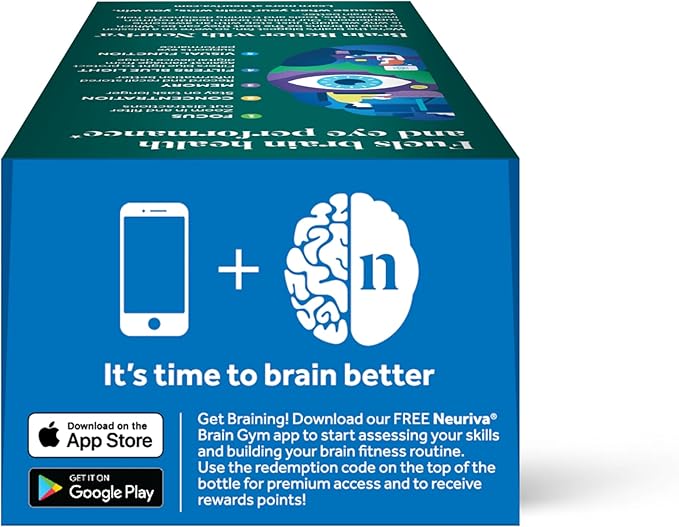 NEURIVA Brain + Eye Supplement for Memory, Focus & Concentration with Lutein & Vitamins A C E and Zinc for Eye Health & Zeaxanthin to Filter Blue Light, 30ct Capsules