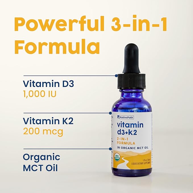 NativePath D3K2 Tincture - 1000IU Vitamin D3 and Vitamin K2 Supplement with Organic MCT Oil - 1 Fluid Ounce - Rapid Bioavailability Multi-Vitamin for Bone Strength and Total Body Wellness, 30 Servings