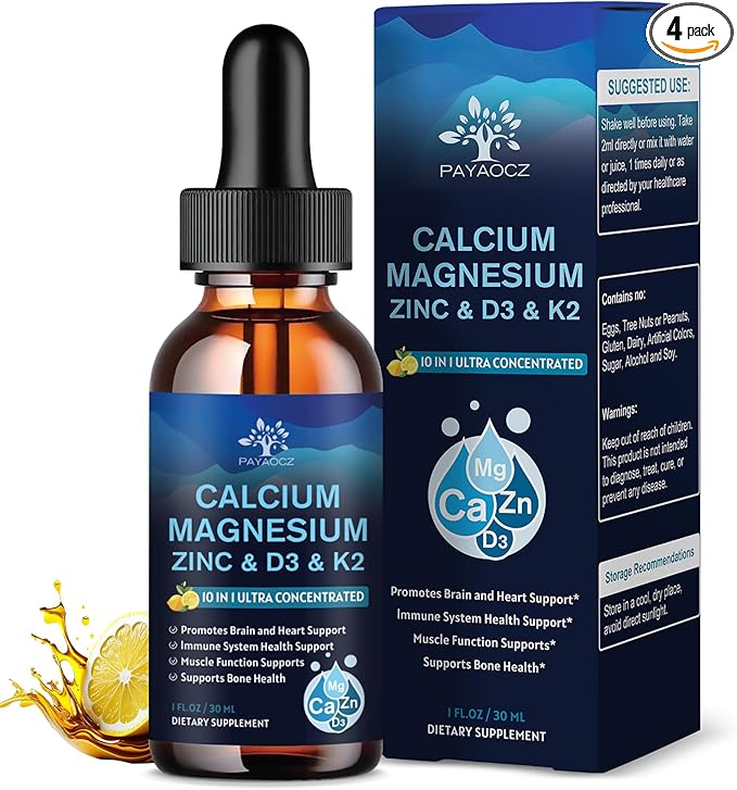 (4 Pack) 10 in 1 Calcium Magnesium Zinc Supplement, Magnesium Glycinate Complex Liquid Drops with Vitamin D3 K2 B6, Vegan Calcium Citrate Bone & Immune Health Support, Sleep & Cramps, Boron, 1 Fl Oz