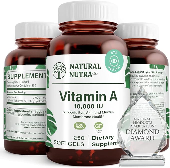 Natural Nutra Vitamin A 10,000 IU Softgels – High Potency Eye and Skin Vitamins – Gluten-Free Vitamin A Supplement for Sight & Skin Health – Fish Liver Oil for Men and Women, 250 Softgels (2 Pack)