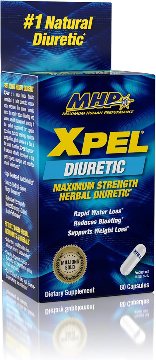 MHP Xpel Maximum Strength Diuretic Water Pills, for Water Retention Relief, Weight loss Support, with Vitamin B-6 Potassium Dandelion Root, 80 Capsules