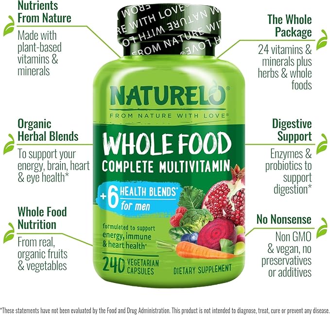 NATURELO Mens Multivitamins - Whole Food Multivitamin for Men with Vitamins, Minerals - 240 Vegetarian Capsules for Energy, Brain, Heart, Eye Health*